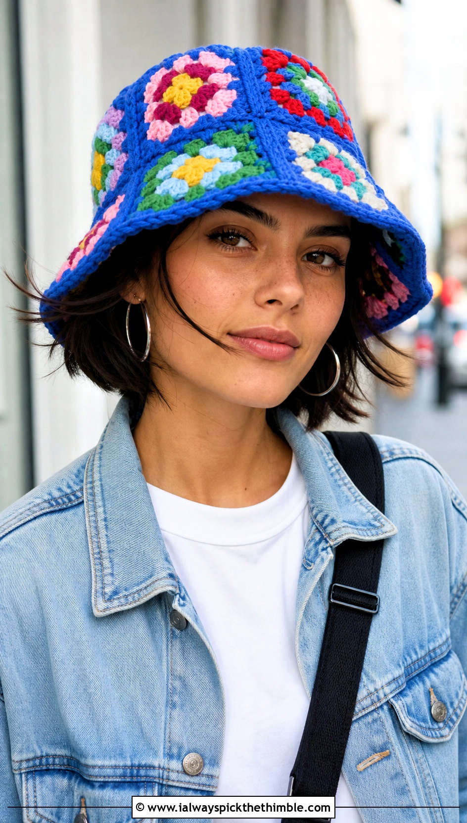 Classic Granny Square Bucket Hat With Denim Jacket - 25 granny square hat outfit ideas