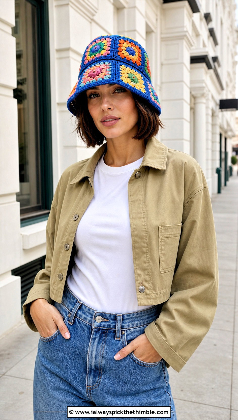 Classic Granny Square Bucket Hat With Jeans - 15 Crochet Granny Square Bucket Hat outfit ideas