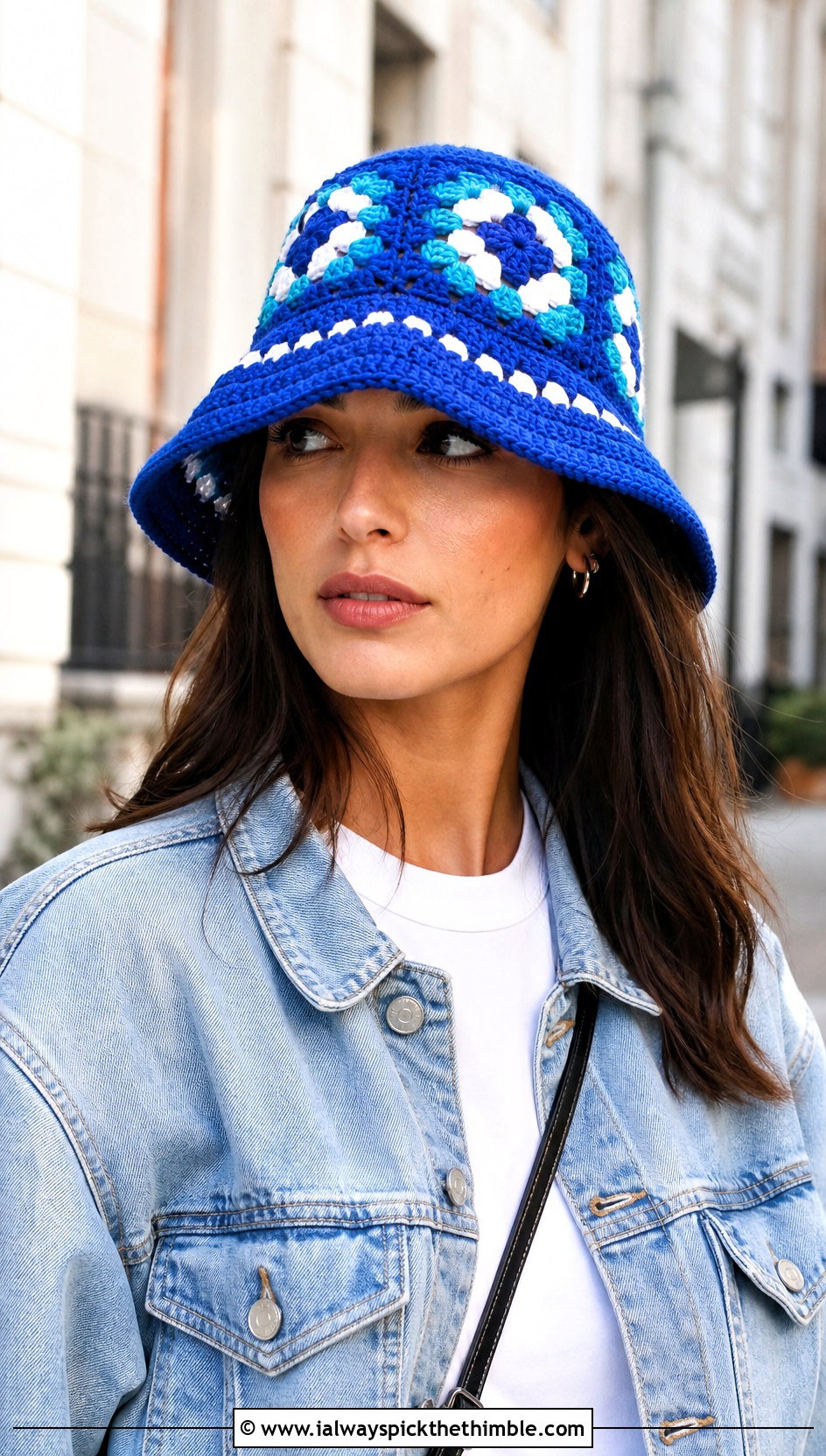 Classic Granny Square Bucket Hat With White Tee And Jeans - 20 Easy Crochet Granny Square Hats outfit ideas