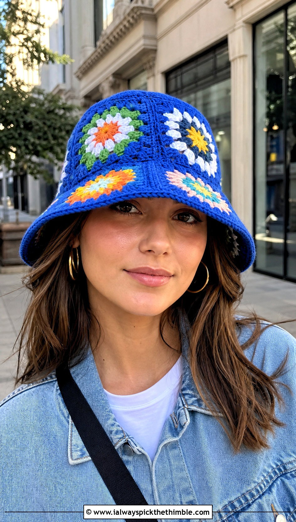 Classic Granny Square Bucket Hat With White Tee And Jeans - 20 crochet granny hat outfit ideas
