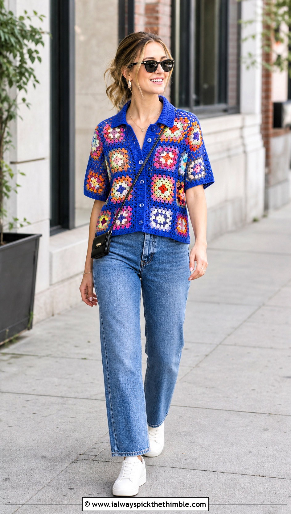 Classic Granny Square Button Up Shirt With Straight Leg Jeans - 20 Granny Square Button Up Shirt outfit ideas