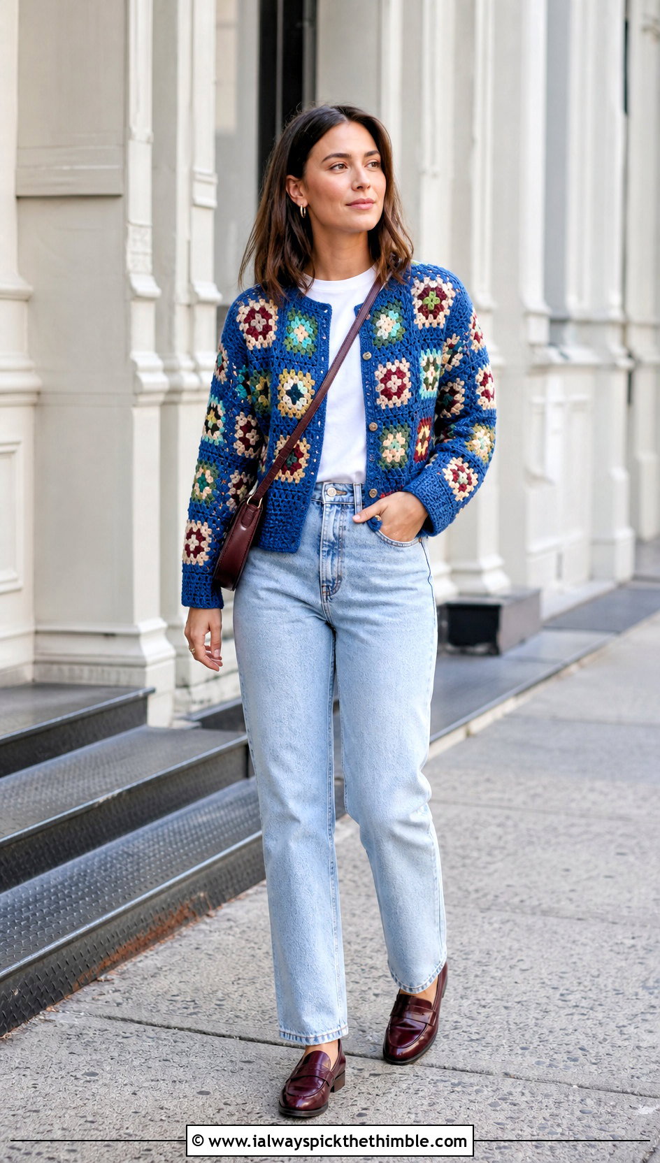 Classic Granny Square Cardigan With Straight Leg Jeans - 20 Crochet Clothes With Granny Squares outfit ideas