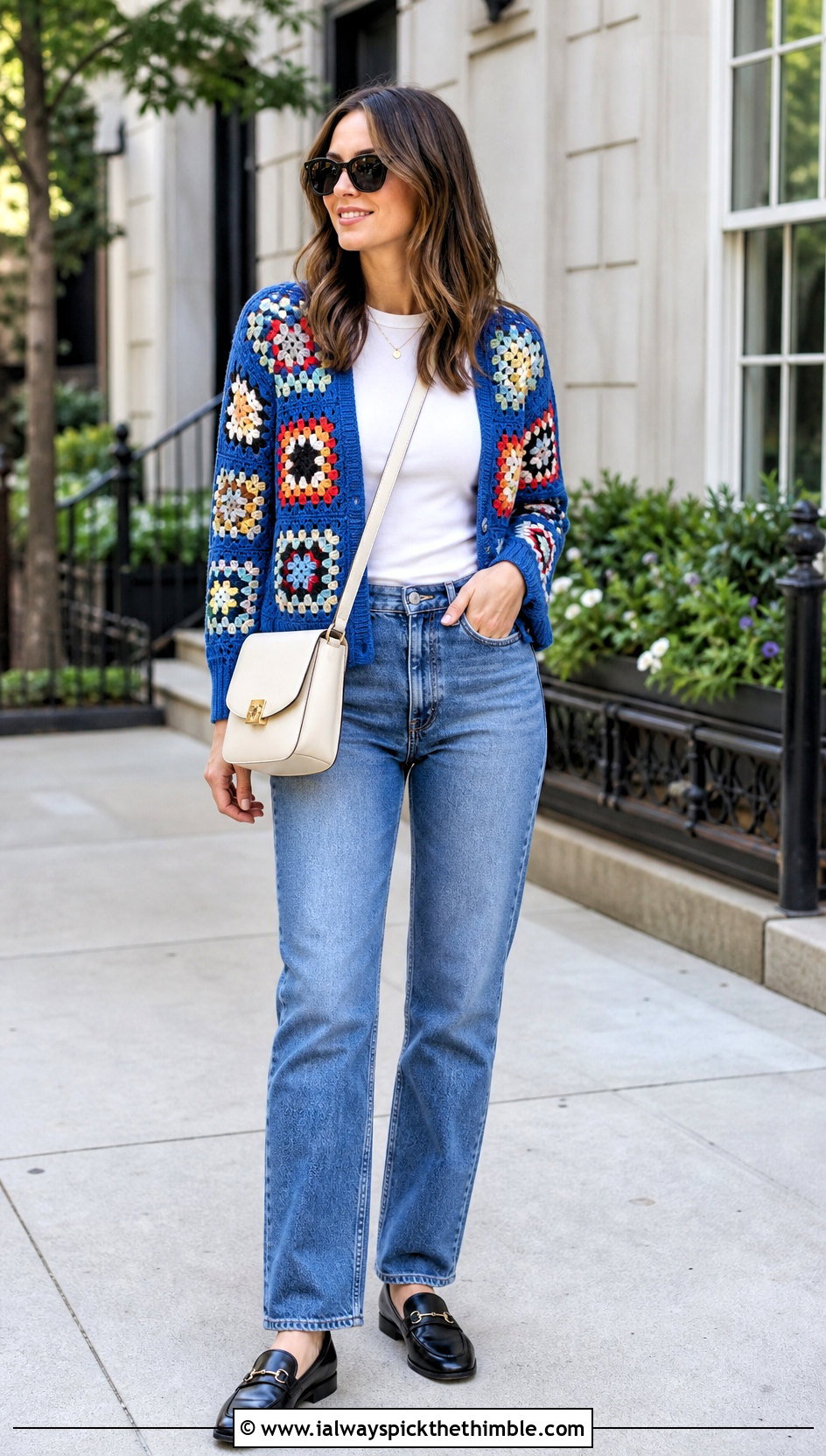 Classic Granny Square Cardigan With Straight Leg Jeans - 25 Granny Square Outfit ideas