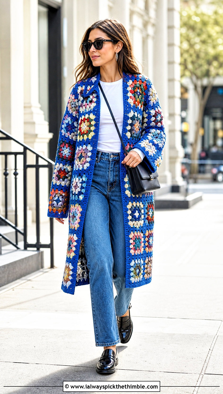 Classic Granny Square Coat With Straight Leg Jeans - 20 granny square coat outfit ideas