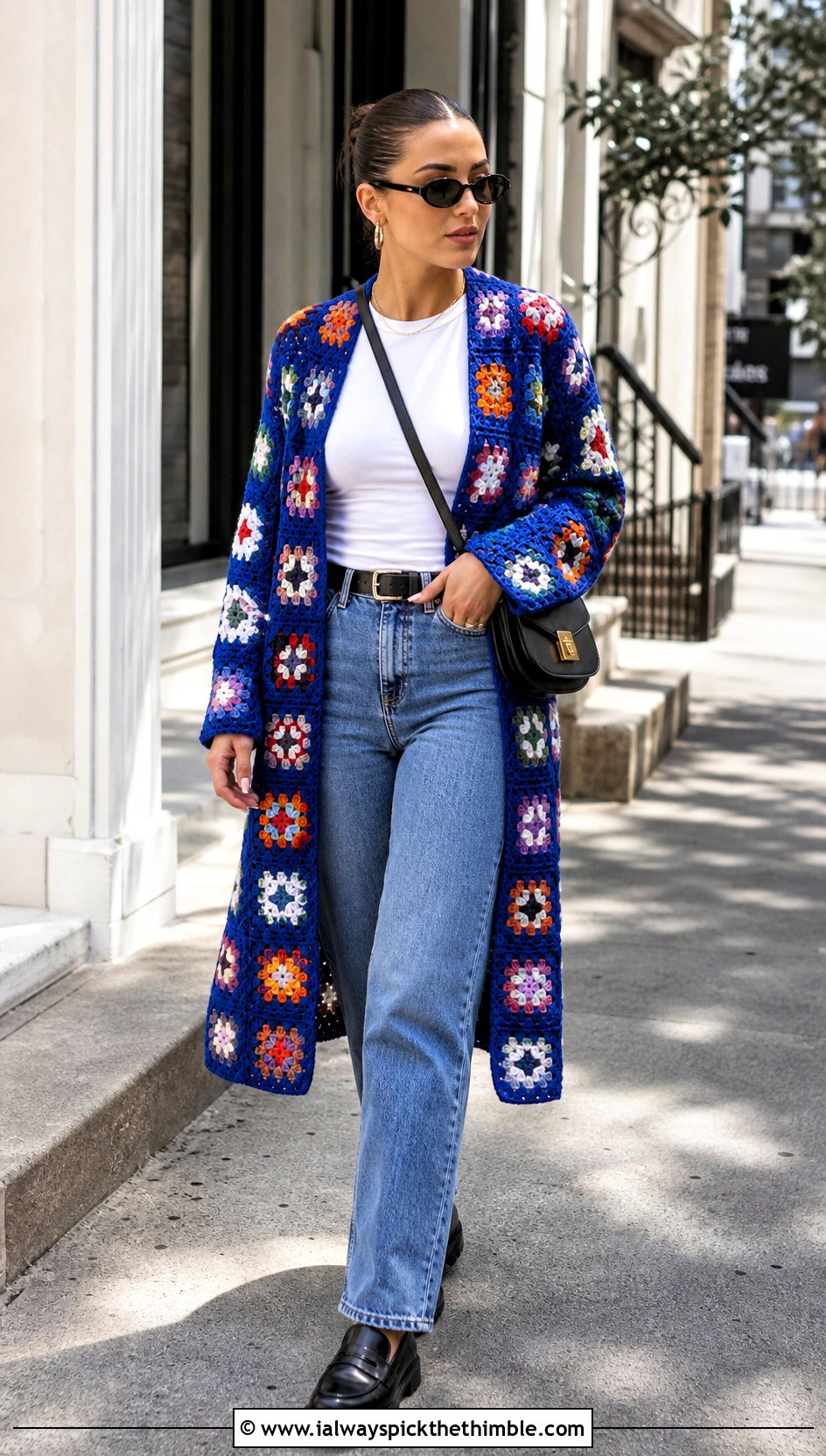 Classic Granny Square Coat With Straight Leg Jeans - 20 crochet granny square coat outfit ideas