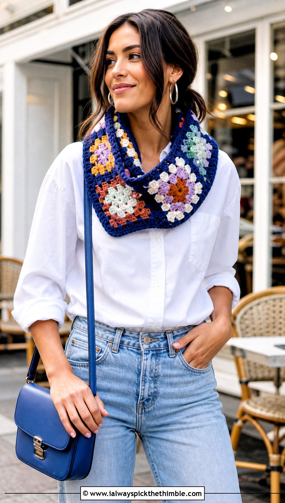 Classic Granny Square Cowl With White Shirt and Jeans - 20 Granny Square Cowl outfit ideas