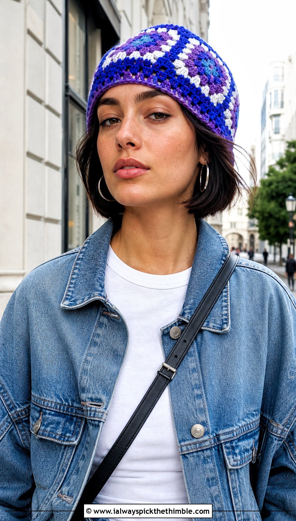 Classic Granny Square Crochet Beanie With Denim Jacket - 20 granny square crochet beanie outfit ideas