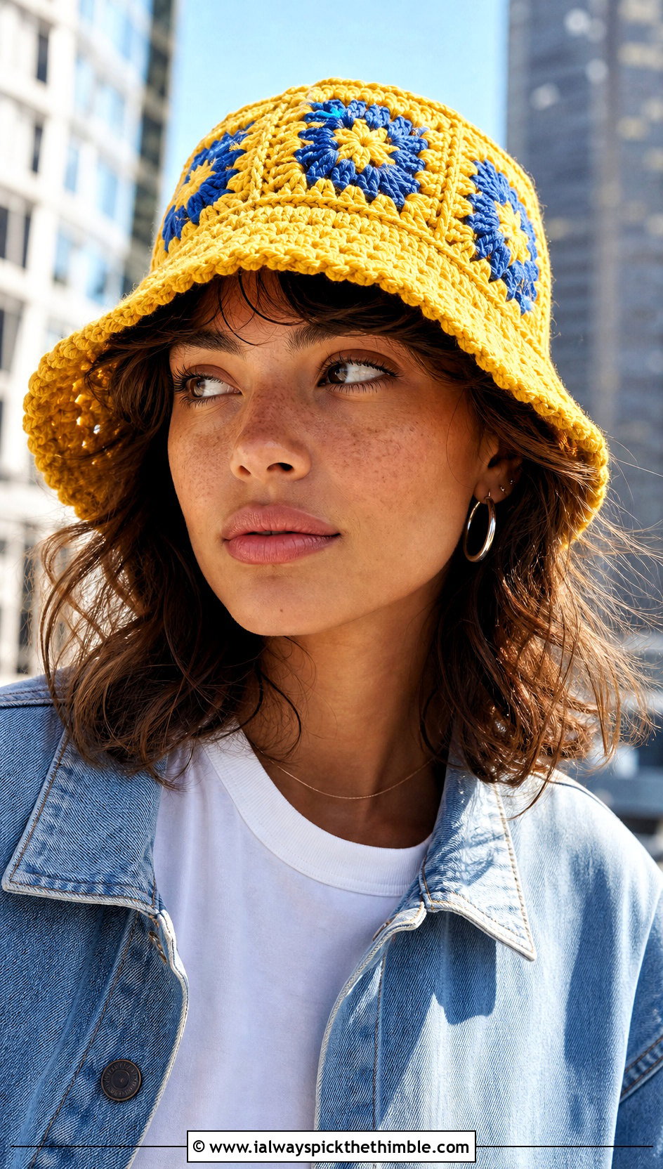 Classic Granny Square Crochet Bucket Hat With White Tee And Jeans - 25 granny square crochet bucket hat outfit ideas