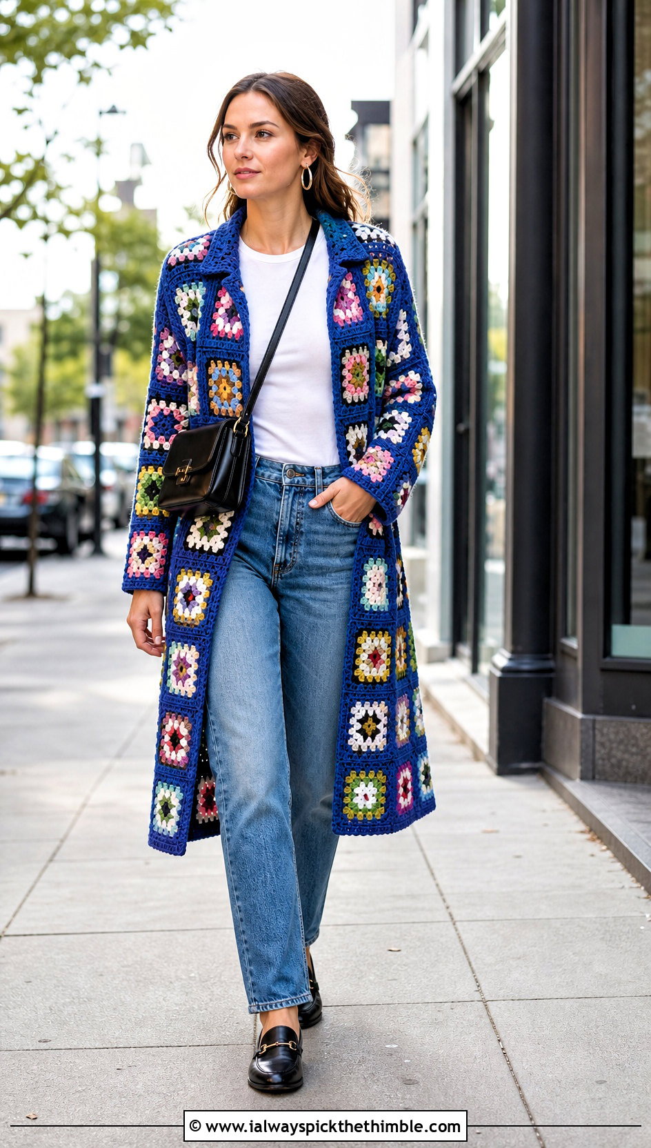 Classic Granny Square Crochet Coat With Straight Leg Jeans - 20 Granny Square Crochet Coat outfit ideas
