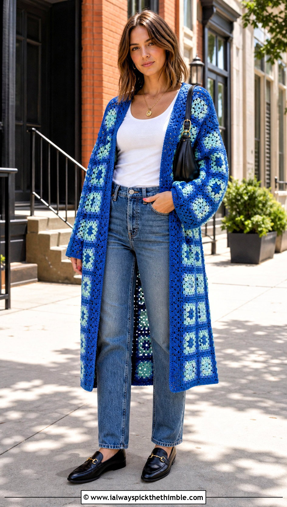 Classic Granny Square Crochet Duster With Straight Leg Jeans - 15 Granny Square Crochet Duster outfit ideas