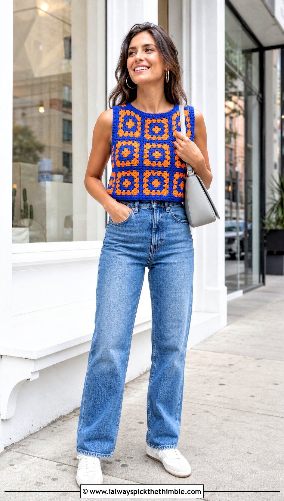 Classic Granny Square Crochet Motif Top With Straight Leg Jeans - 20 crochet motif top outfit ideas