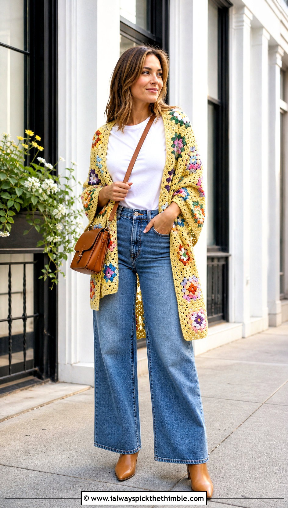 Classic Granny Square Crochet Shawl With Wide Leg Jeans - 20 Square Crochet Shawl outfit ideas