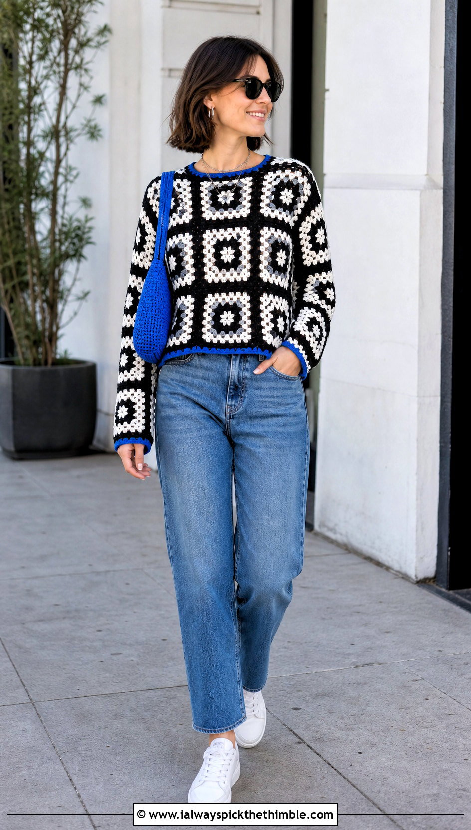 Classic Granny Square Crochet Sweater With Straight Leg Jeans - 25 black and white crochet sweater outfit ideas