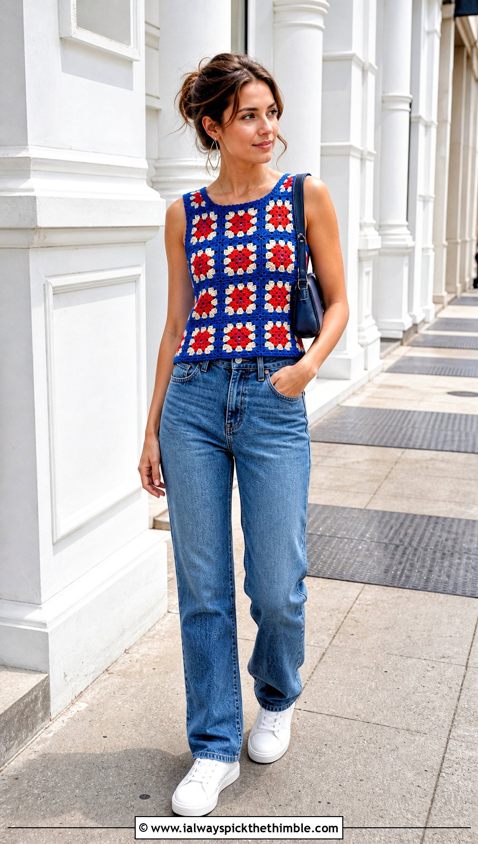 Classic Granny Square Crochet Tank Top With Straight Leg Jeans - 20 Granny Square Crochet Tank Top outfit ideas