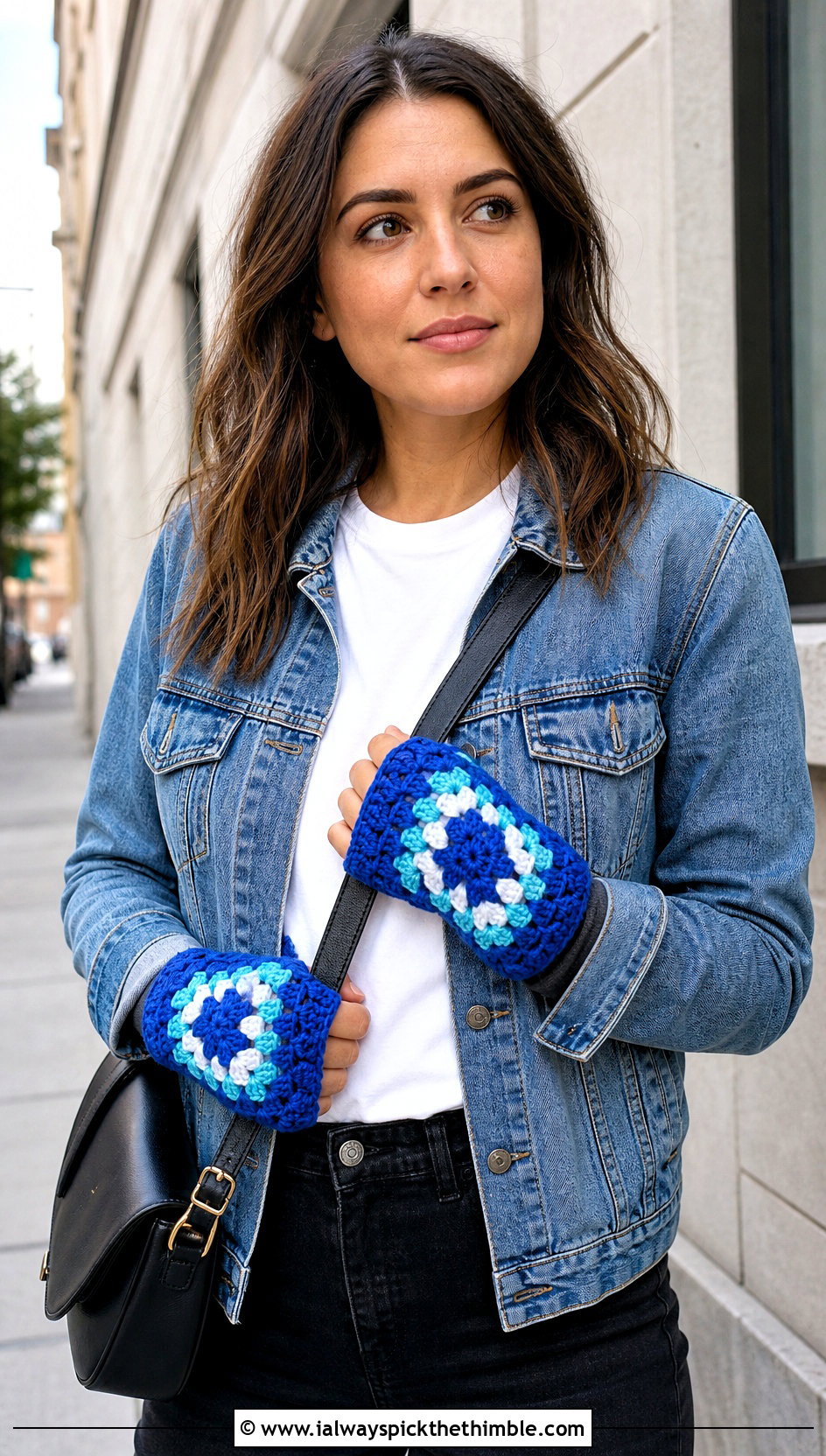 Classic Granny Square Fingerless Gloves With Denim Jacket - 25 granny square fingerless gloves outfit ideas