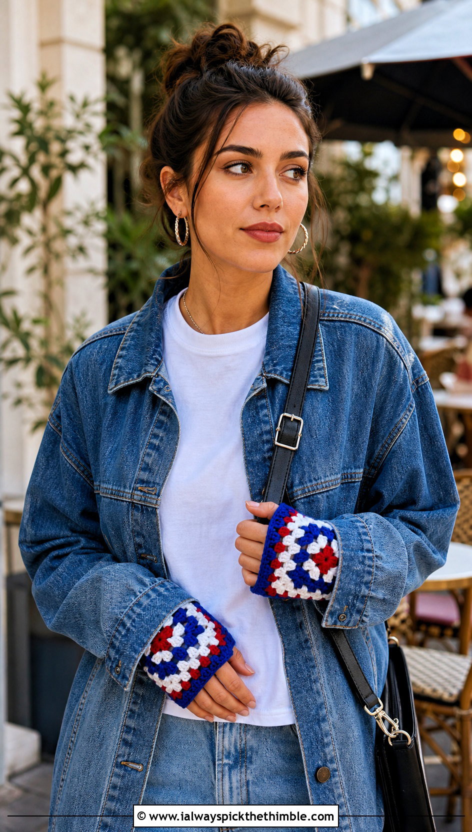 Classic Granny Square Fingerless Gloves With Denim Jacket - 20 crochet granny square fingerless gloves outfit ideas