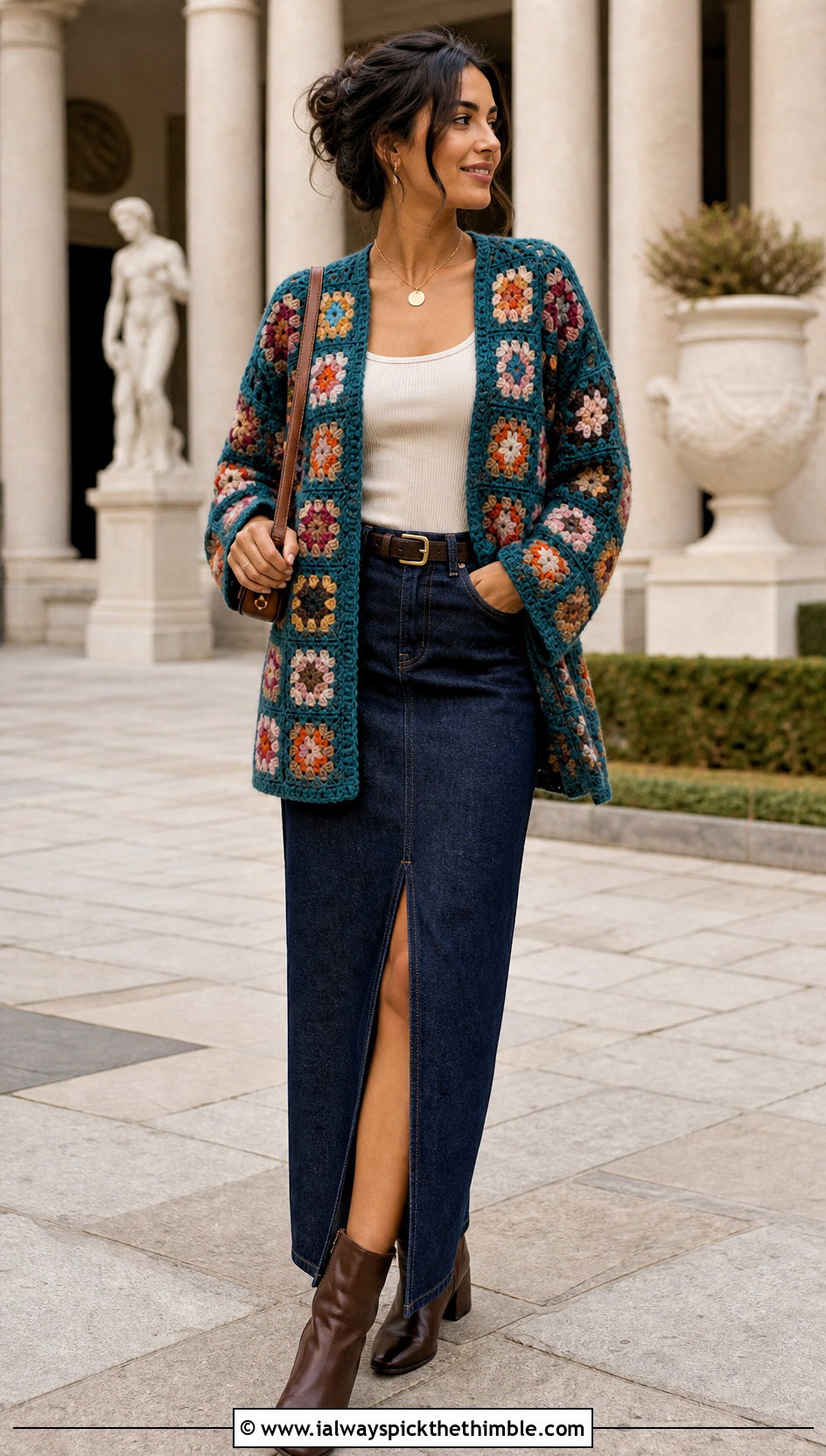 Classic Granny Square Grandpa Crochet Cardigan With Denim Maxi Skirt - 20 grandpa crochet cardigan outfit ideas