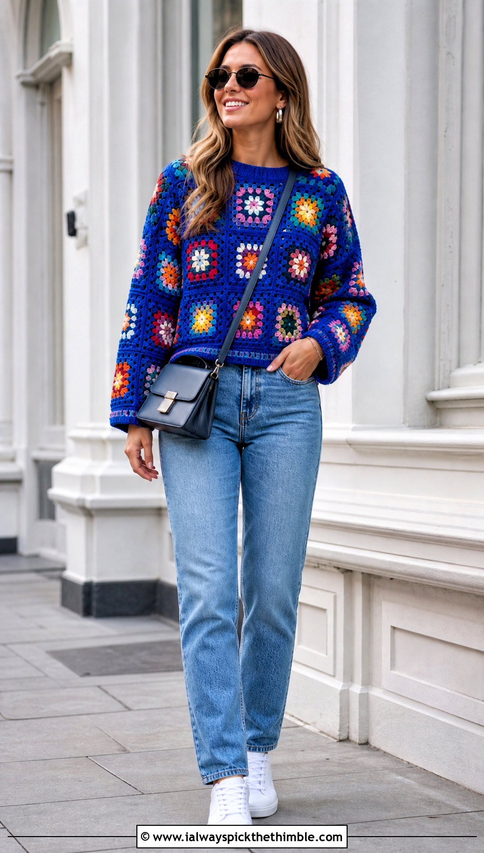 Classic Granny Square Jumper With Straight Leg Jeans - 25 granny square jumper outfit ideas