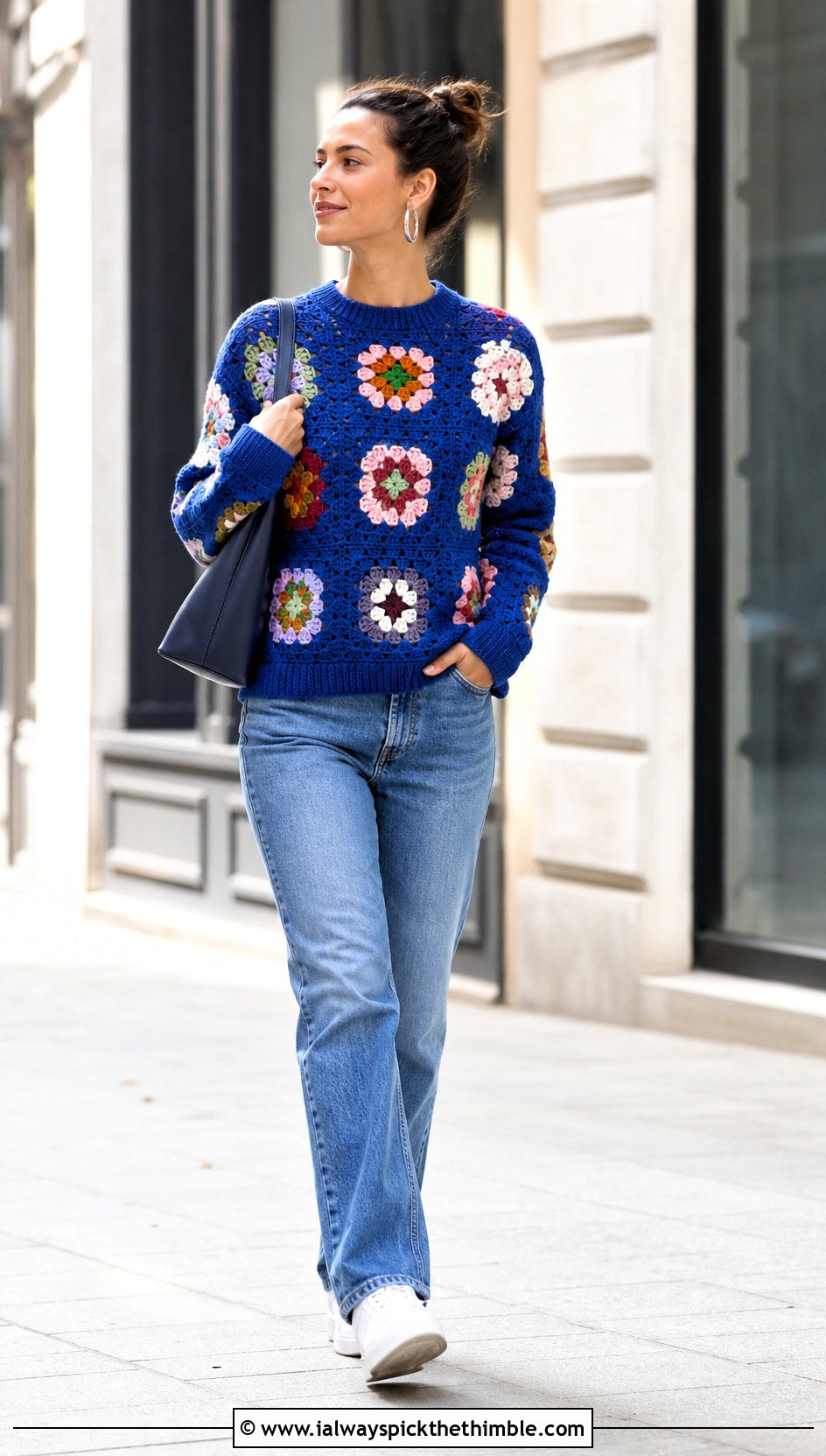 Classic Granny Square Jumper With Straight Leg Jeans - 20 crochet square jumper outfit ideas