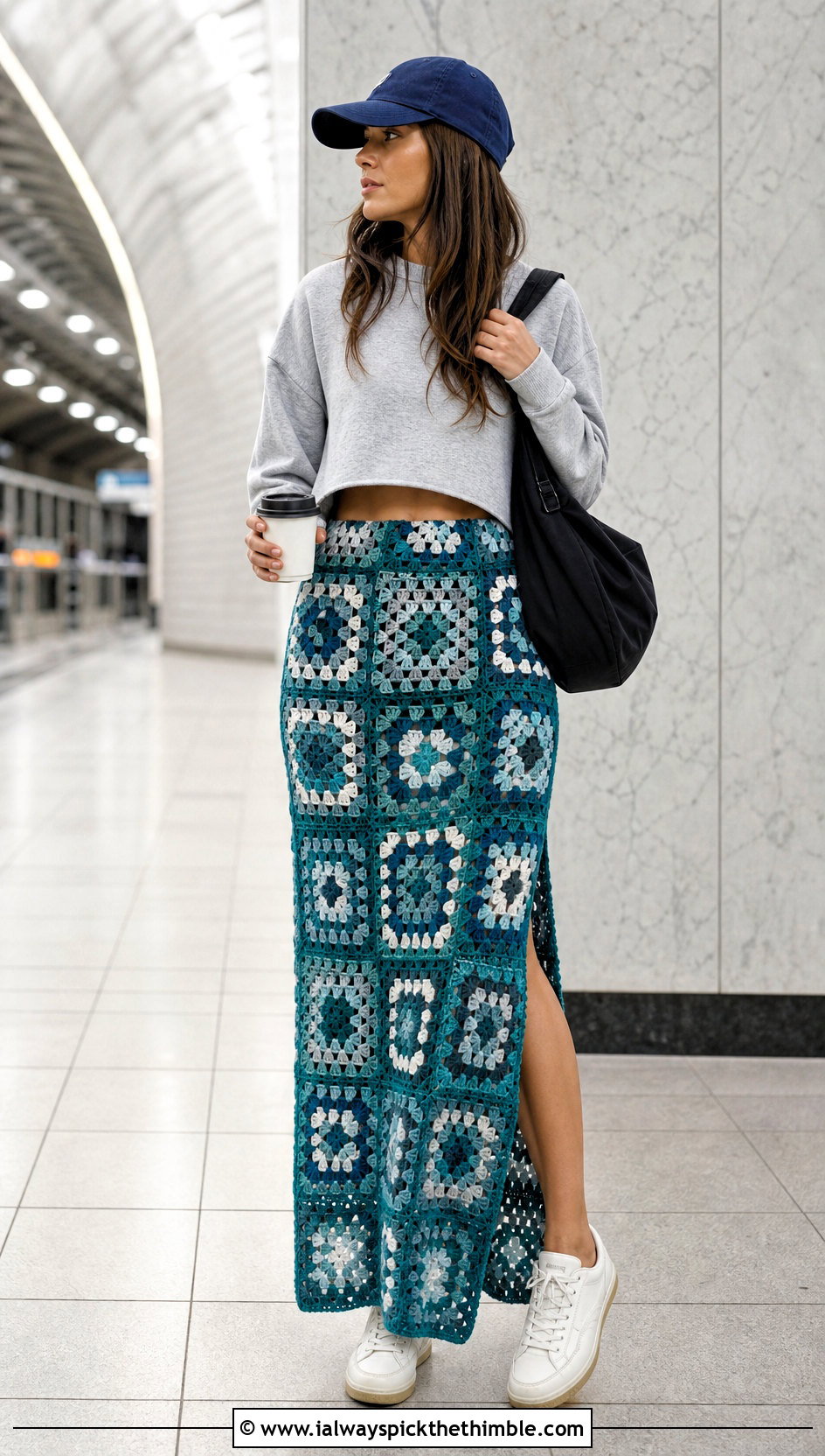 Classic Granny Square Maxi Skirt With Sporty Sweatshirt - 20 granny square crochet skirt outfit ideas