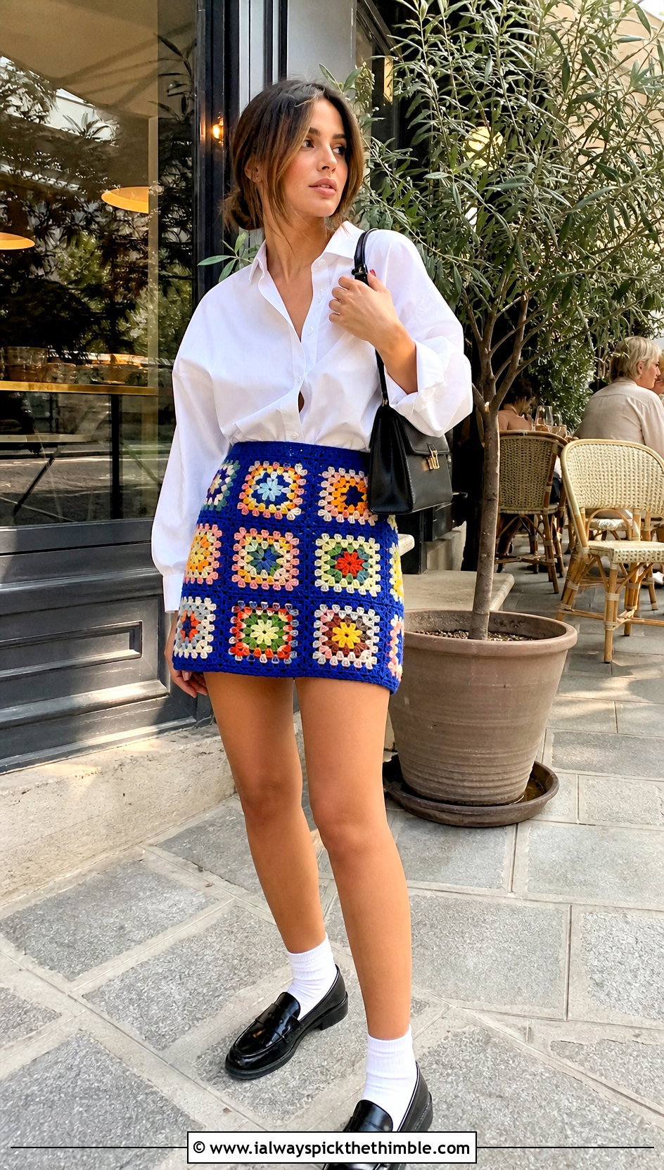 Classic Granny Square Mini Skirt With White Shirt And Loafers - 25 crochet granny skirt outfit ideas