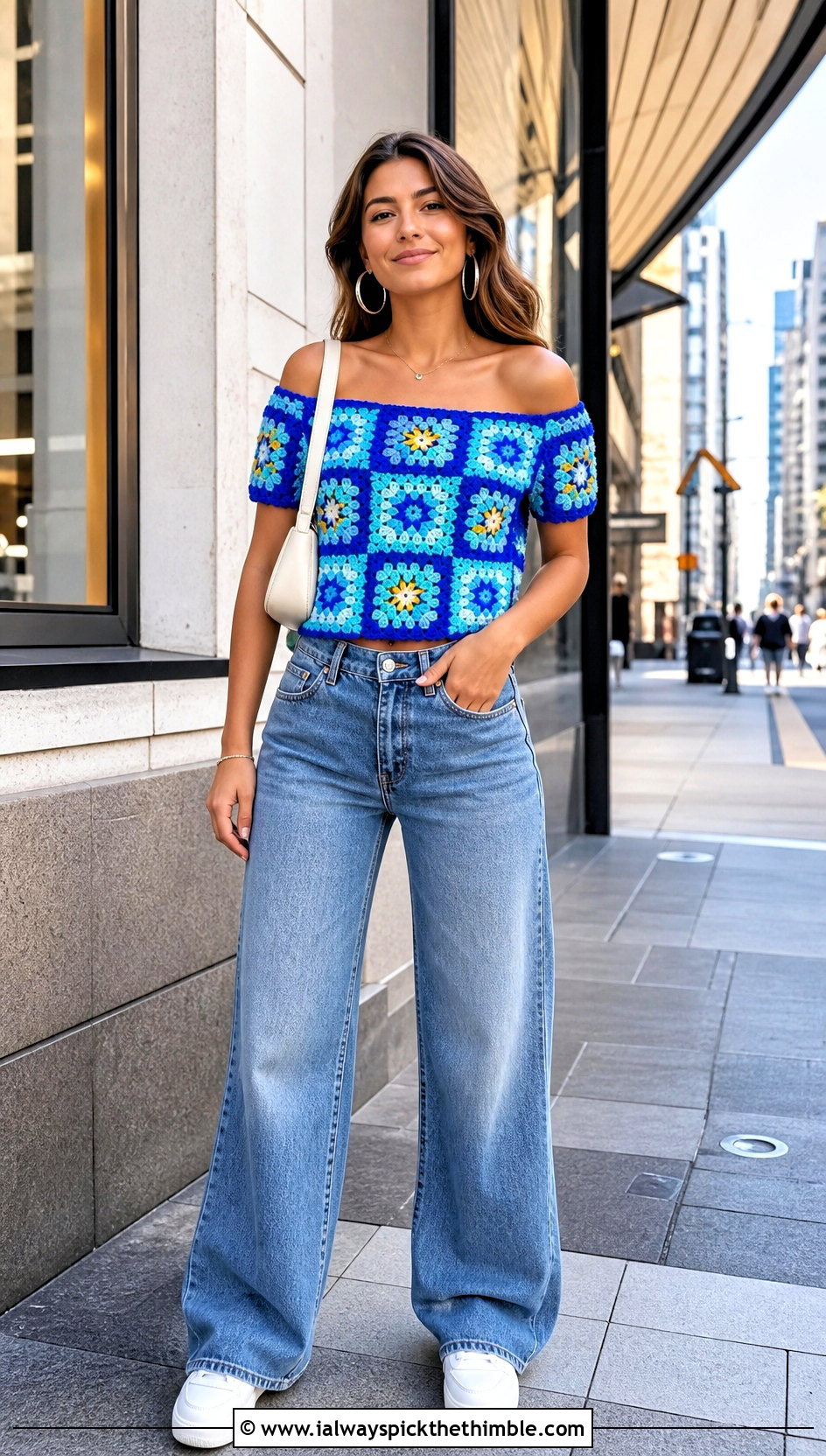 Classic Granny Square Off The Shoulder Top With Wide Leg Jeans - 15 Crochet Off The Shoulder Granny Square Top outfit ideas
