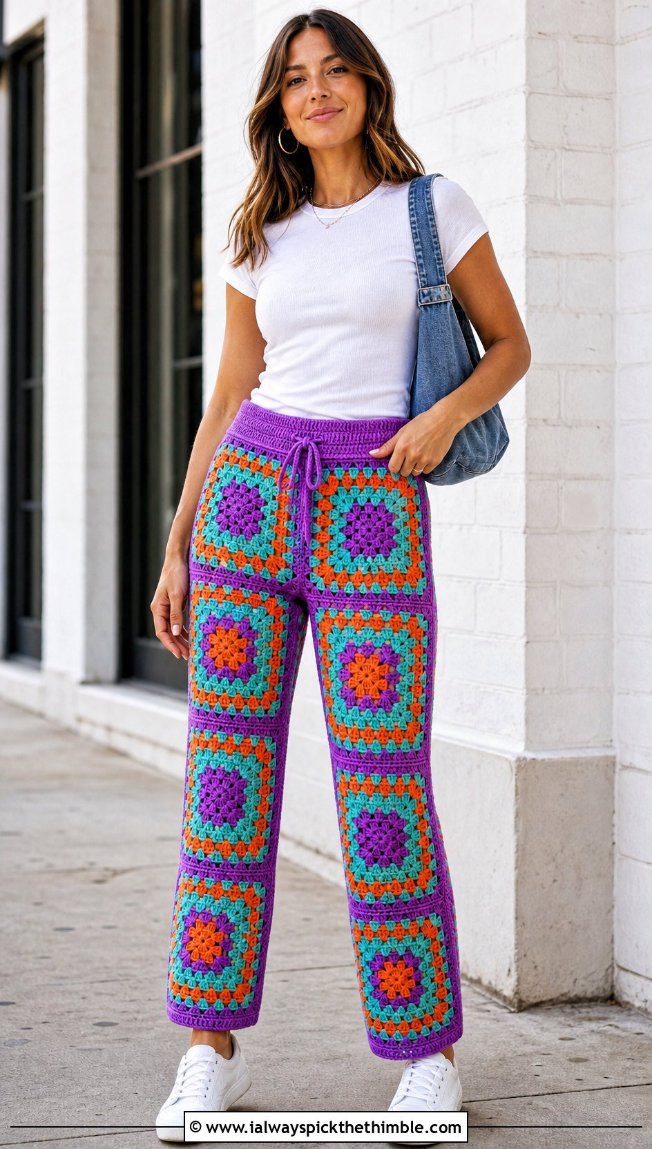 Classic Granny Square Pants With White T Shirt - 25 crochet granny square pants outfit ideas