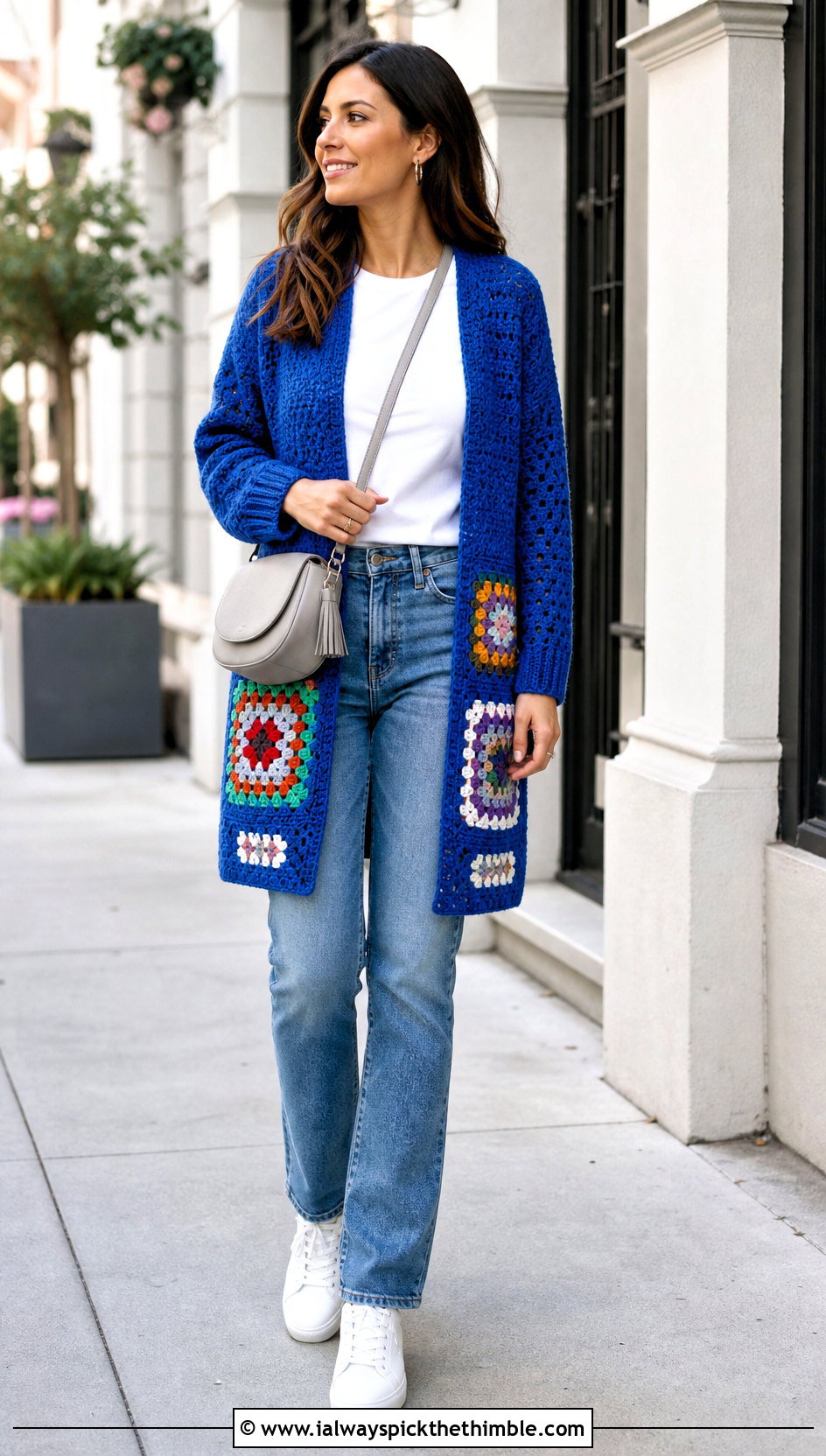 Classic Granny Square Pocket Shawl With Straight Leg Jeans - 20 Granny Square Pocket Shawl outfit ideas