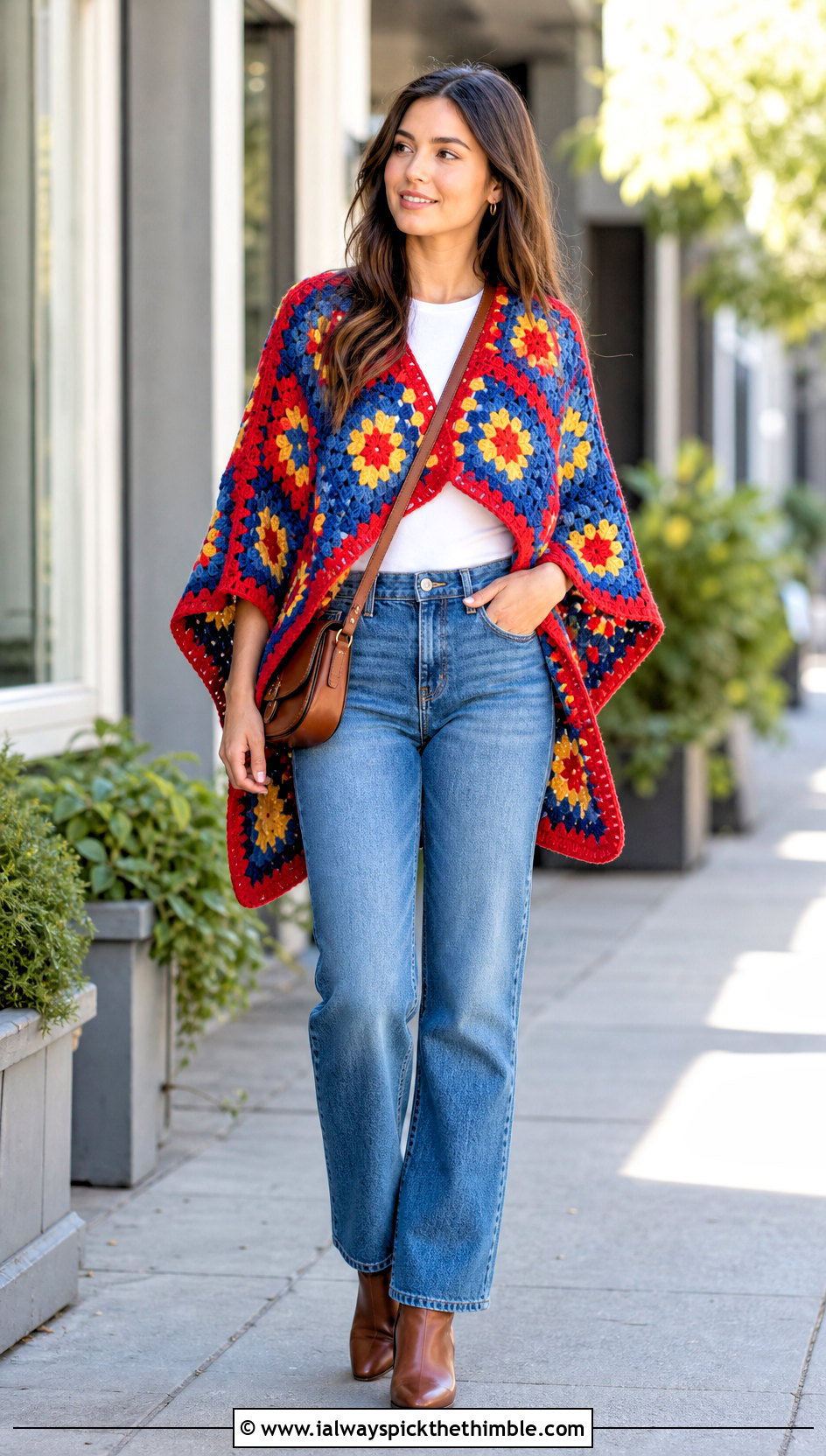 Classic Granny Square Poncho With Straight Jeans - 15 easy granny square poncho outfit ideas