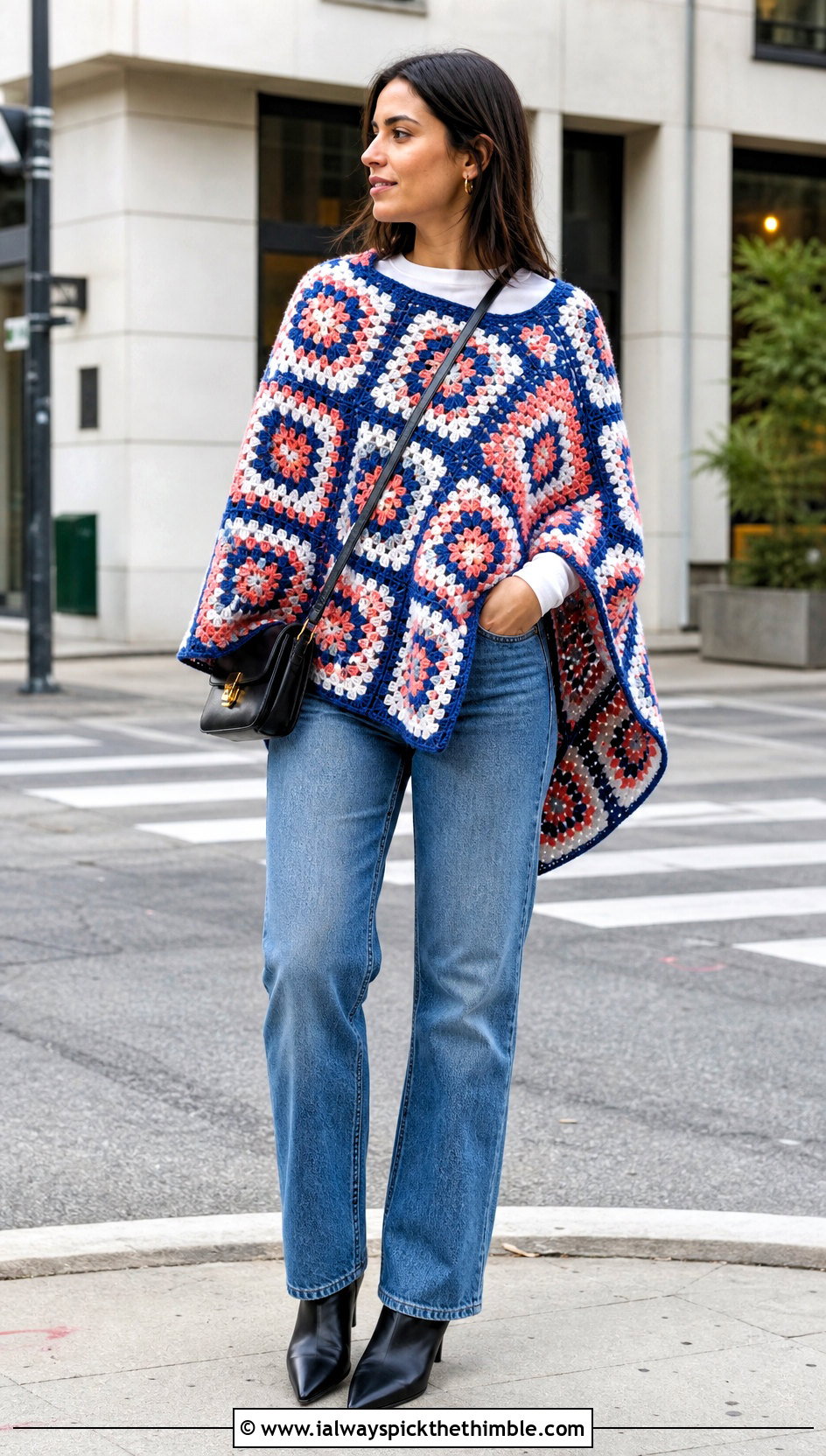 Classic Granny Square Poncho With Straight Leg Jeans - 20 Granny Squares Poncho outfit ideas