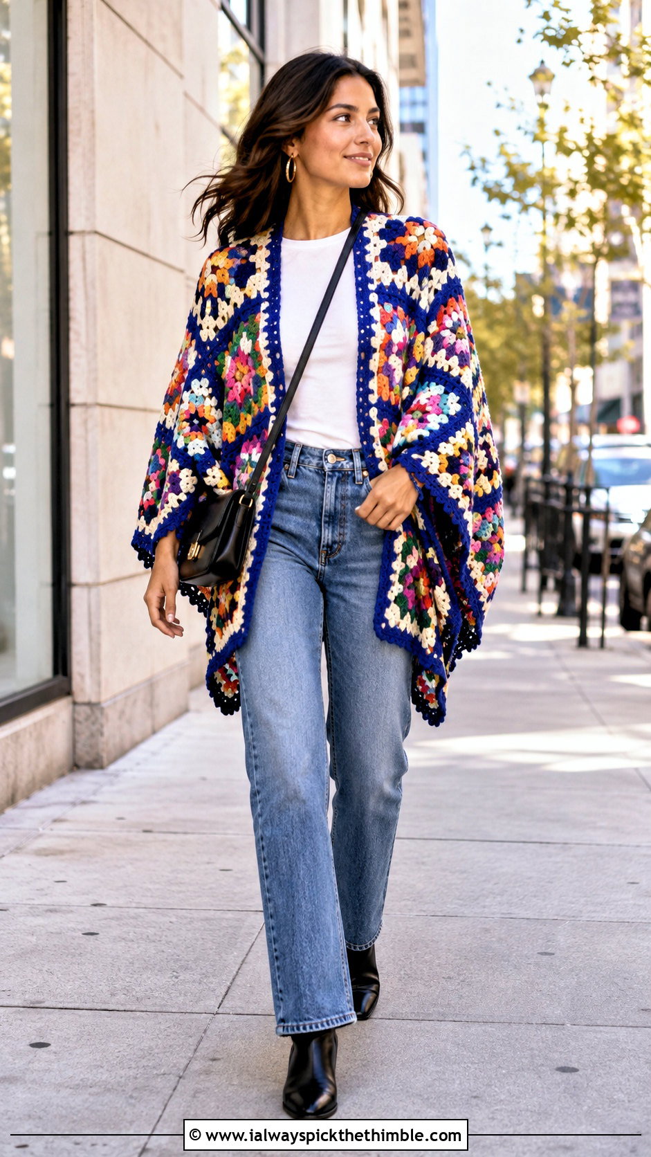 Classic Granny Square Poncho With Straight Leg Jeans - 25 granny square poncho outfit ideas