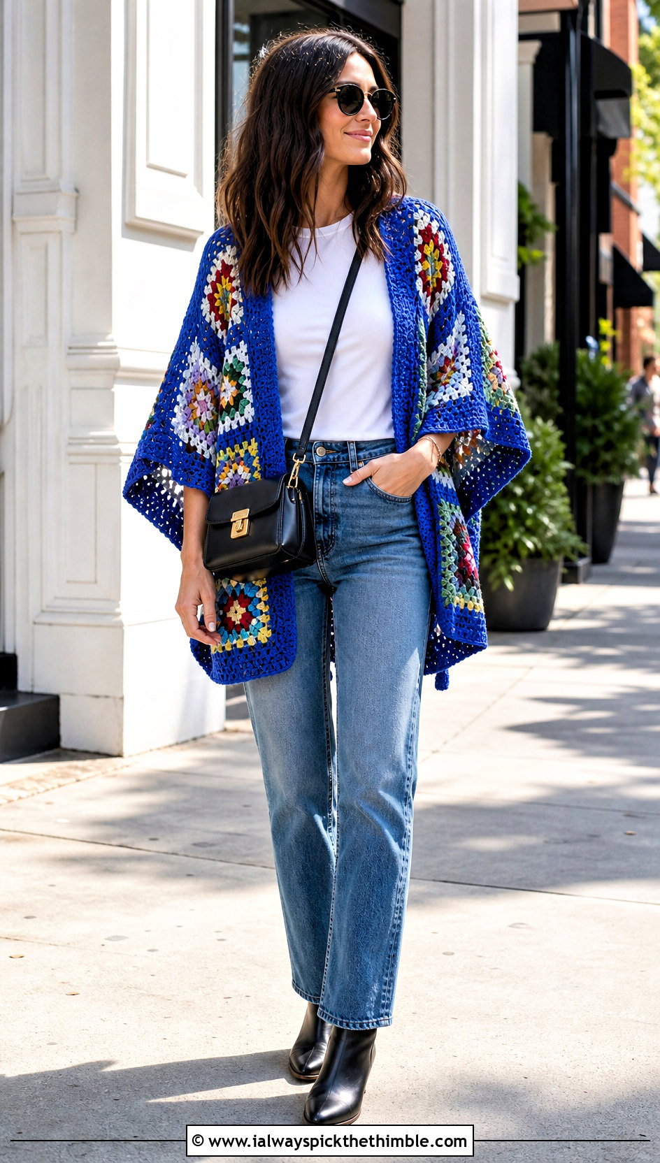 Classic Granny Square Poncho With Straight Leg Jeans - 20 crochet square poncho outfit ideas