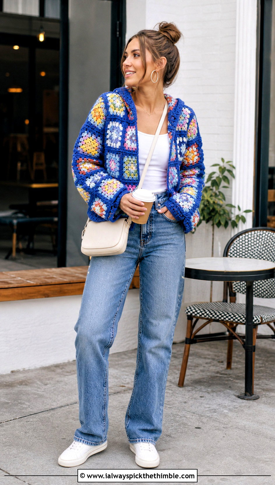 Classic Granny Square Pullover Hoodie With Straight Leg Jeans - 25 granny square hoodie outfit ideas