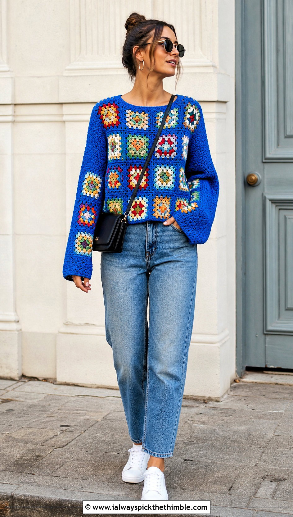 Classic Granny Square Pullover With Straight Leg Jeans - 25 crochet granny square pullover outfit ideas