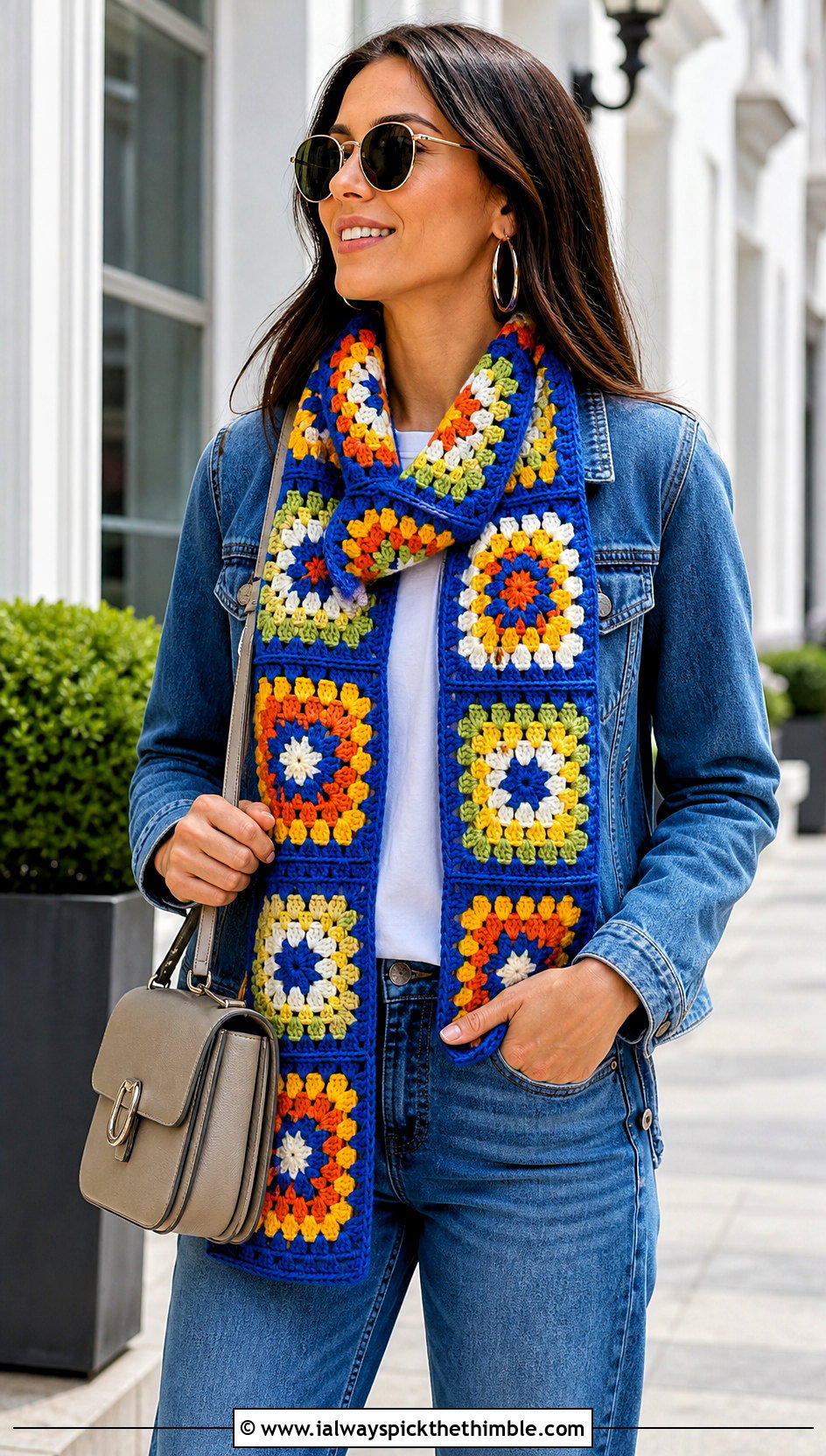 Classic Granny Square Scarf With White T Shirt And Jeans - 20 crochet scarf squares outfit ideas