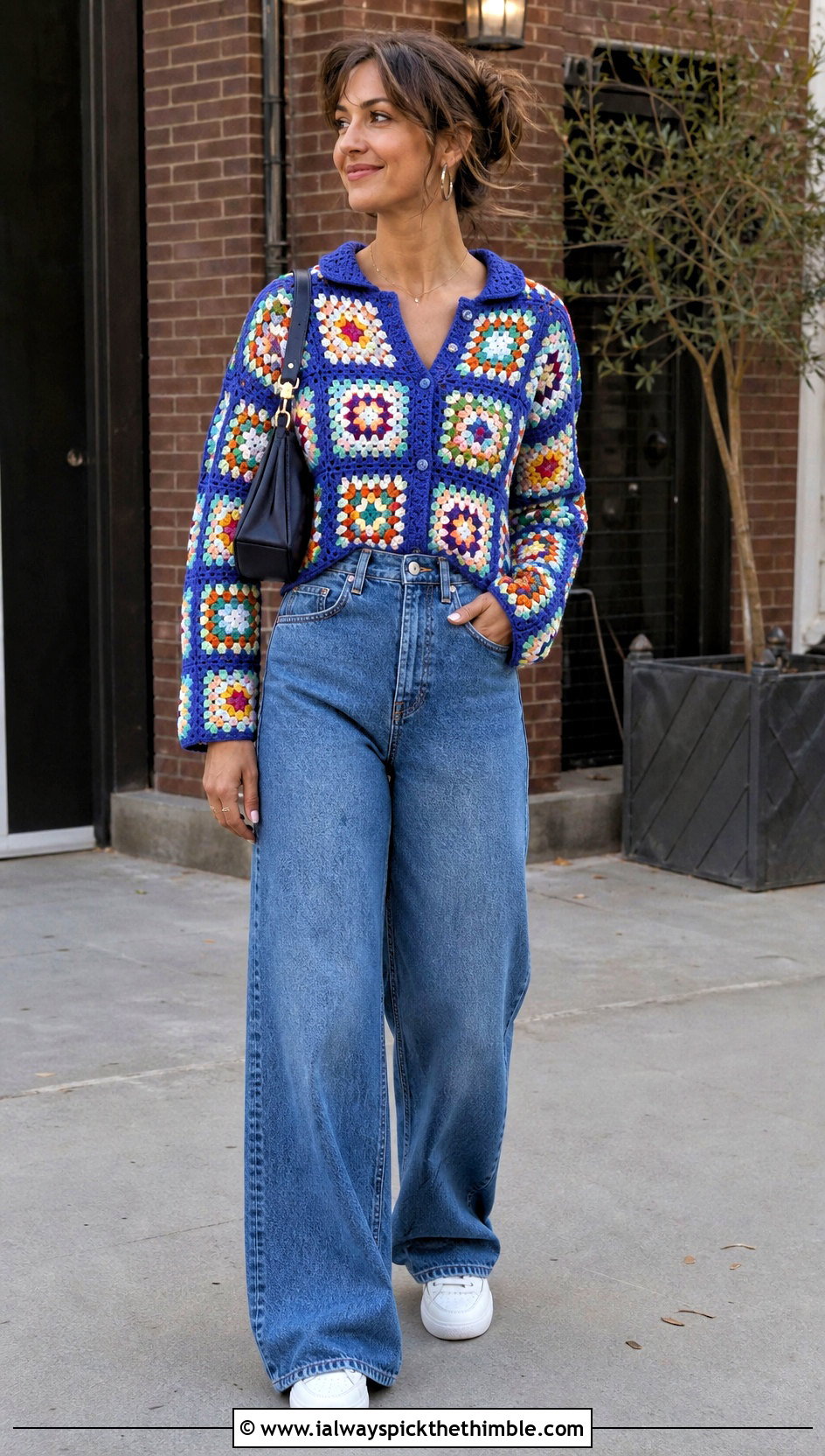 Classic Granny Square Shirt With Wide Leg Jeans - 25 granny square shirt outfit ideas