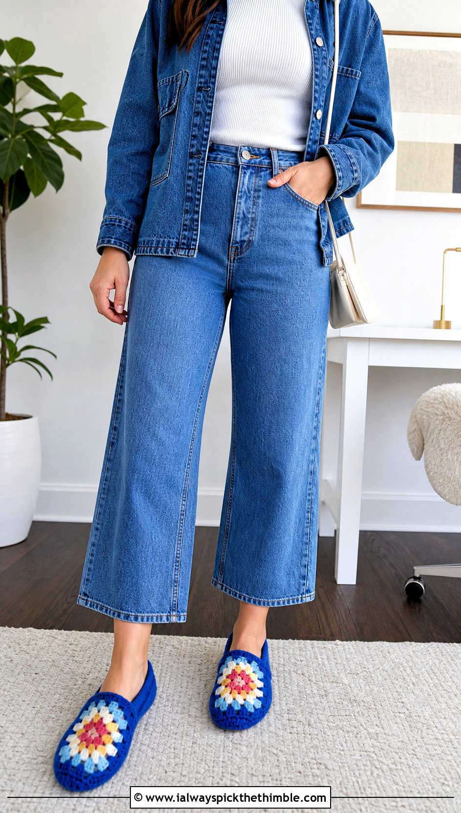 Classic Granny Square Slippers With Wide Leg Jeans - 25 granny square slippers outfit ideas