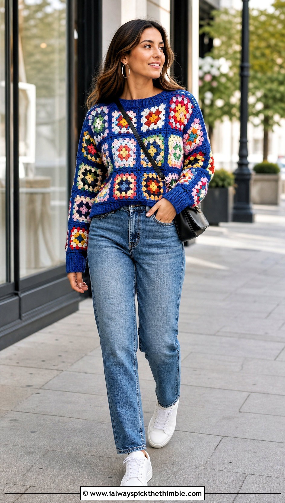 Classic Granny Square Sweater With Straight Leg Jeans - 20 easy granny square sweater outfit ideas