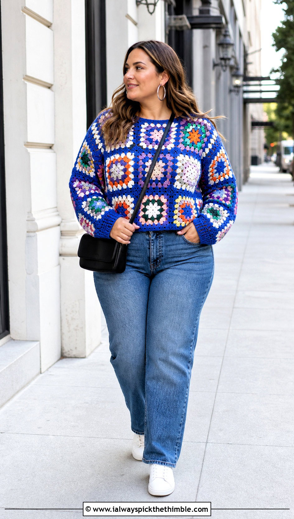 Classic Granny Square Sweater With Straight Leg Jeans - 25 granny square sweater outfit ideas
