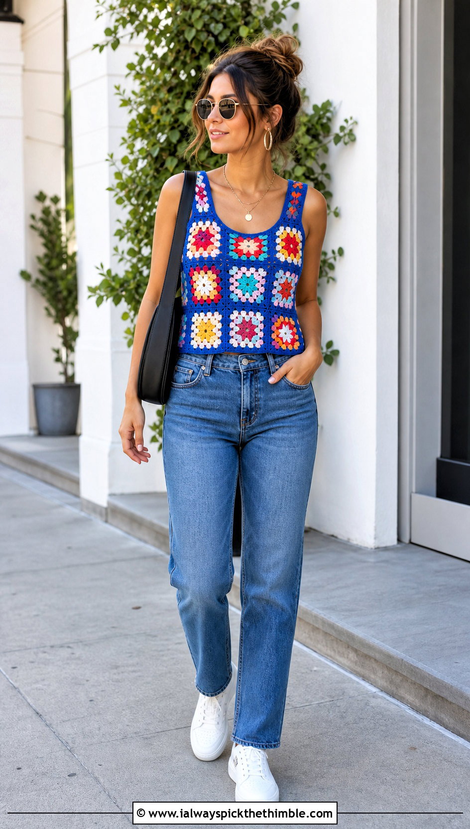 Classic Granny Square Tank Top With Straight Leg Jeans - 25 crochet granny square tops outfit ideas