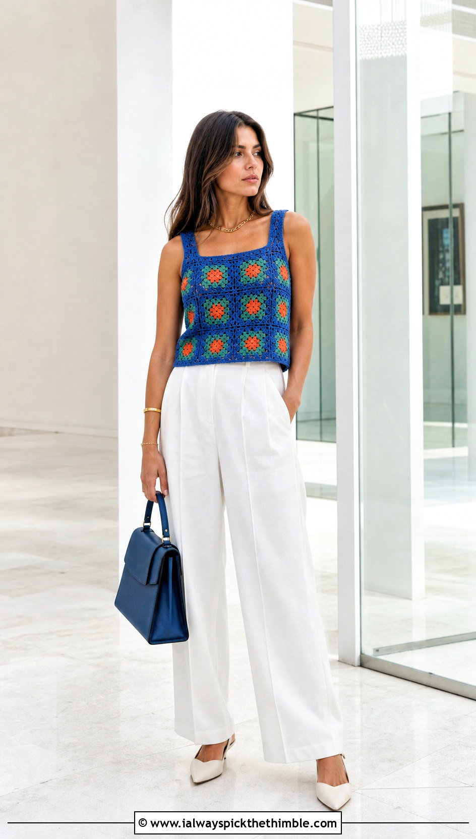 Classic Granny Square Tank With Tailored White Trousers - 25 granny square tank outfit ideas