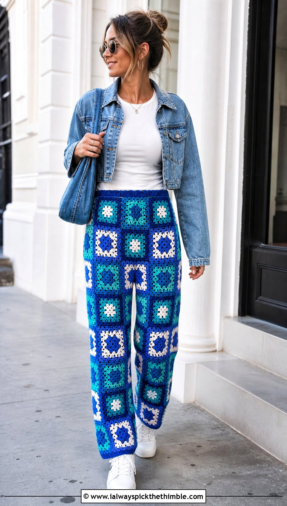 Classic Granny Square Trousers With White T Shirt - 25 granny square trousers outfit ideas