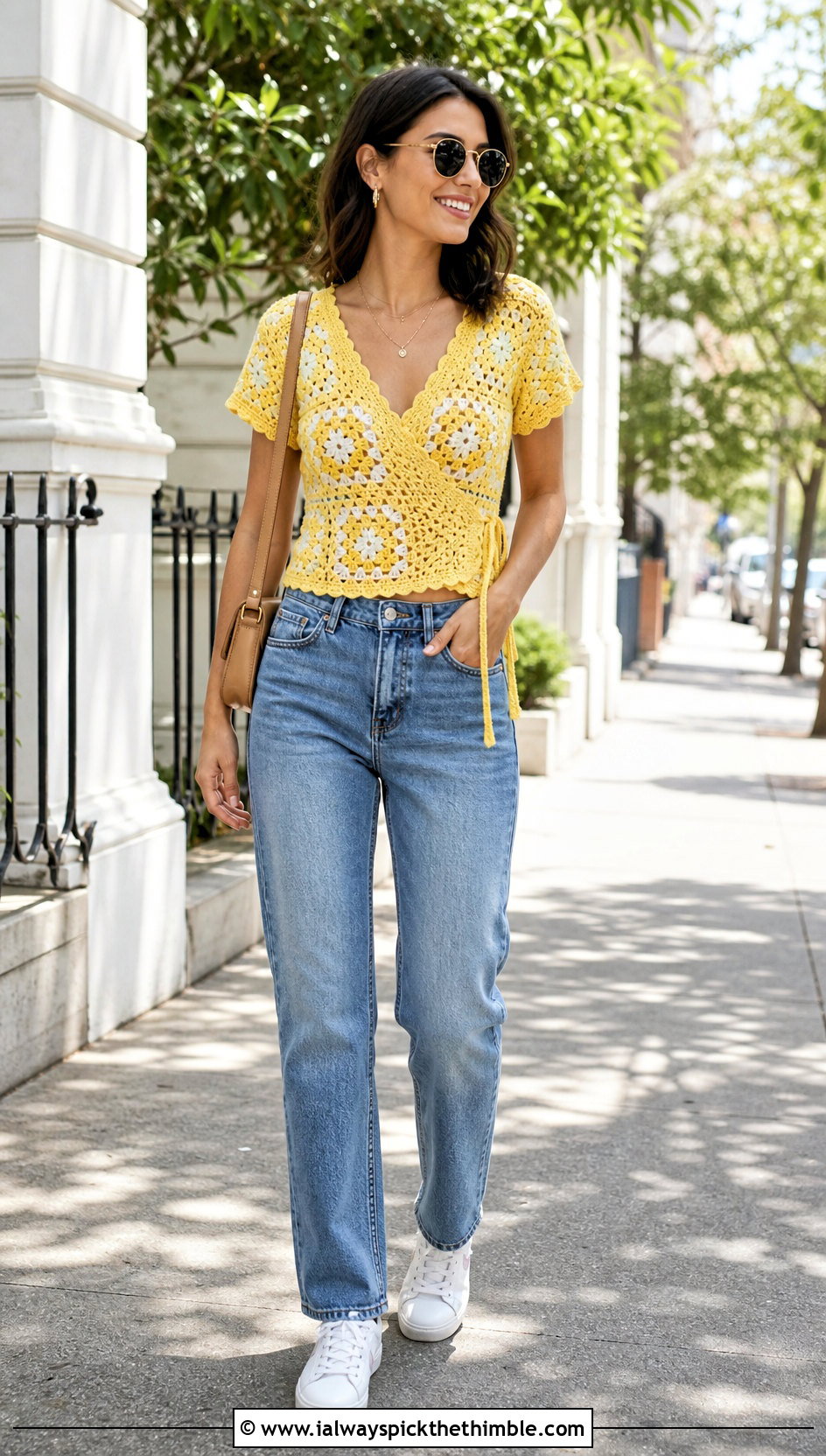 Classic Granny Square Wrap Top With Straight Leg Jeans - 25 granny square wrap top outfit ideas