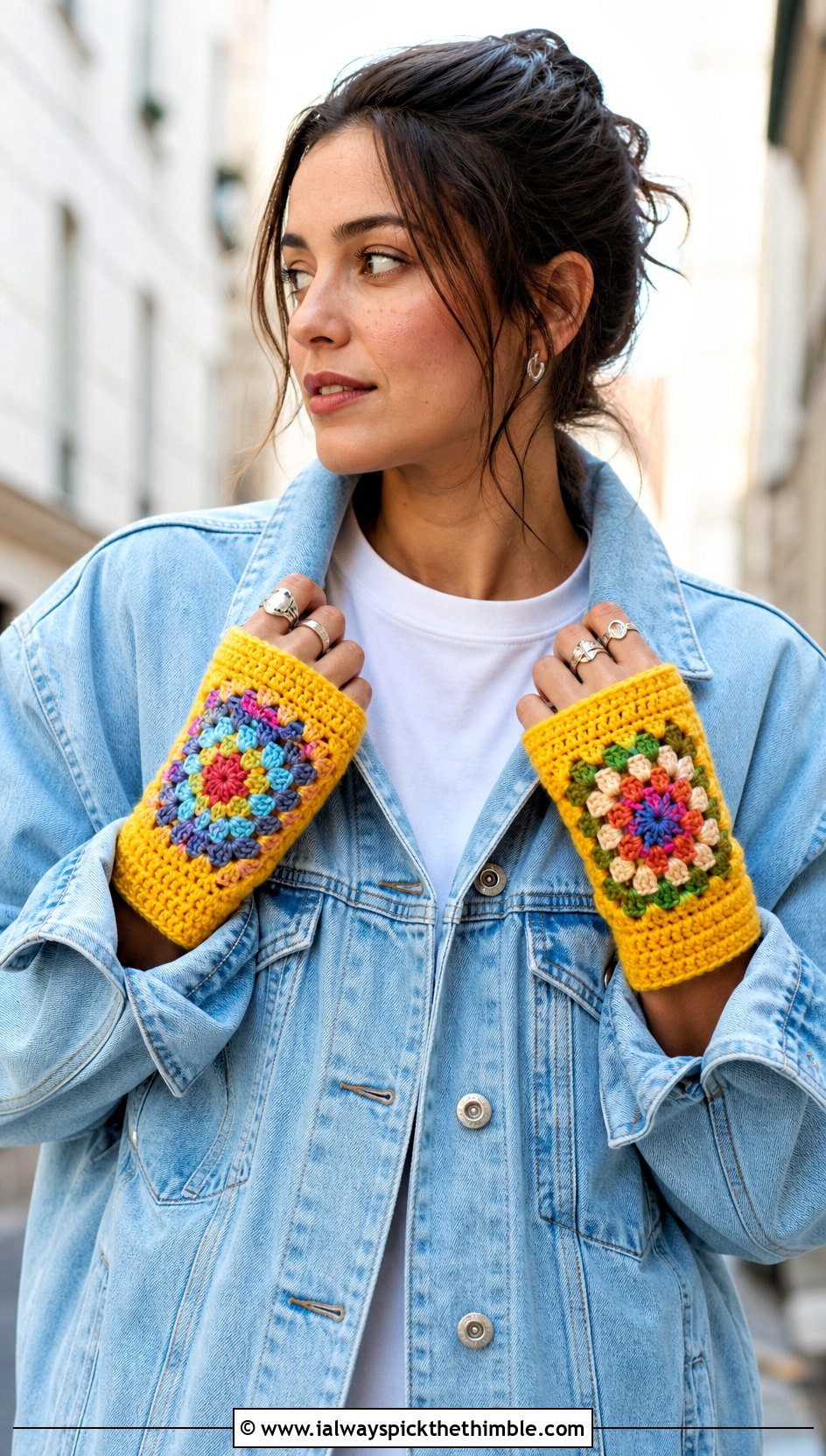 Classic Granny Square Wrist Warmers With Denim Jacket - 20 Fingerless Granny Square Gloves outfit ideas