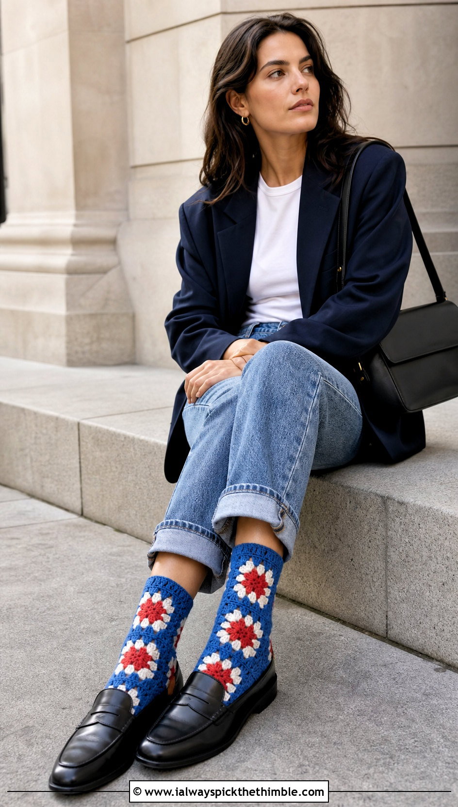 Classic Granny Stitch Crew Socks With Straight Leg Jeans - 20 Crochet Granny Socks outfit ideas