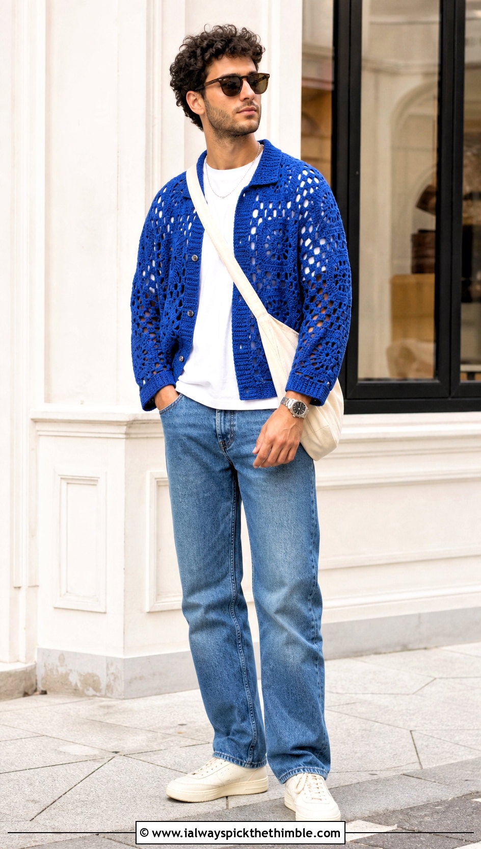 Classic Granny Stitch Hexagon Cardigan With Straight Leg Jeans - 25 men hexagon crochet cardigan outfit ideas