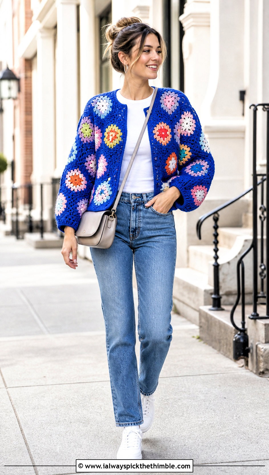 Classic Granny Stitch Hexagon Crochet Cardigan With Straight Leg Jeans - 20 Hexagon Crochet Cardigan With Granny Squares outfit ideas