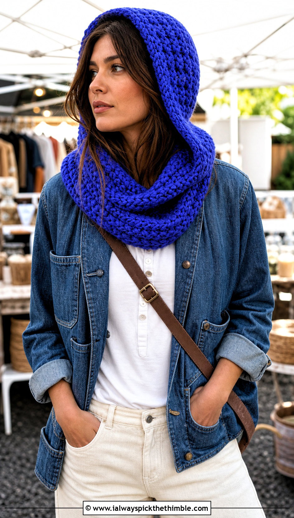 Classic Hooded Katniss Crochet Cowl With Denim Chore Jacket - 15 katniss crochet hat outfit ideas