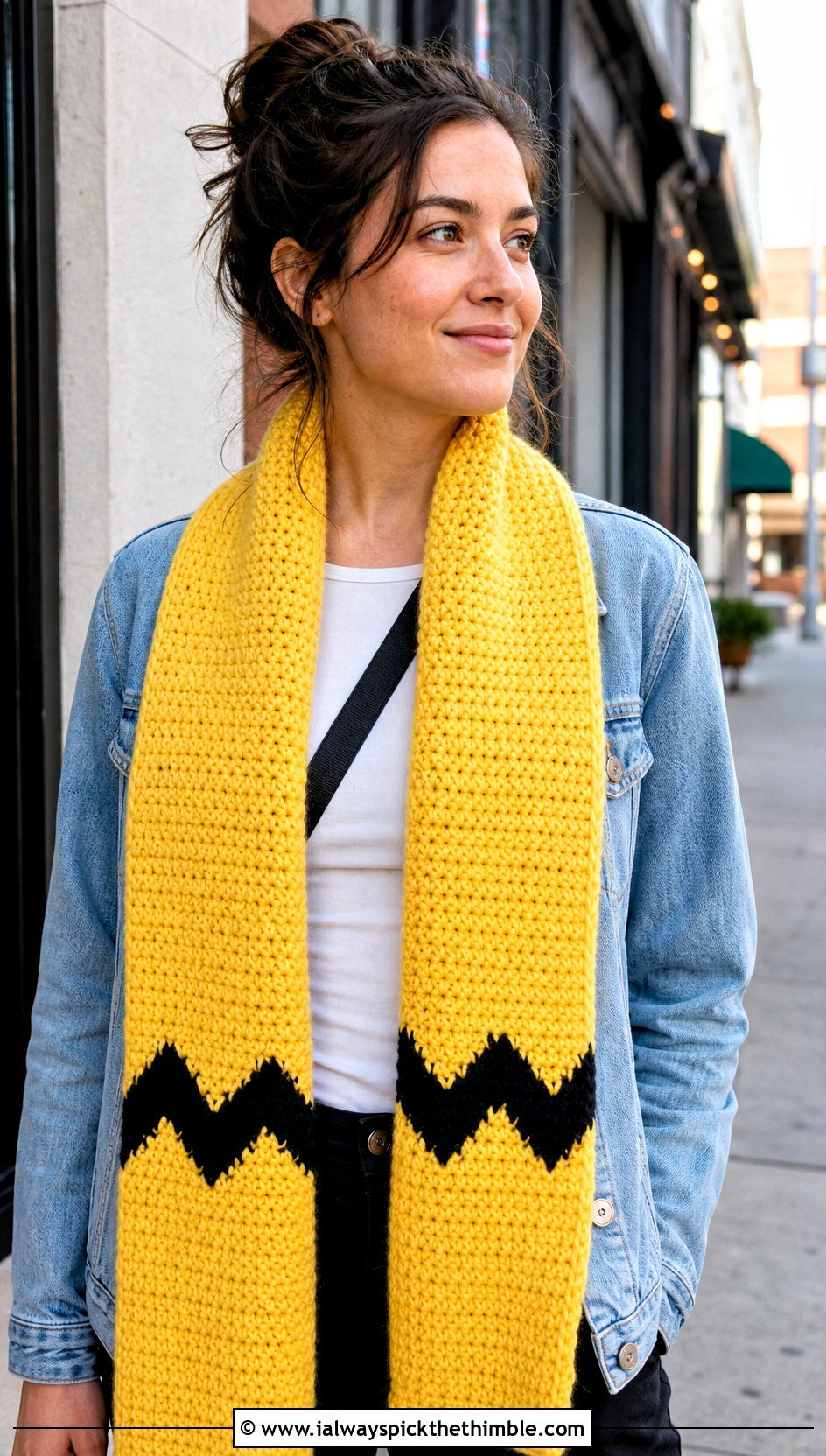 Classic Long Charlie Brown Scarf With Denim Jacket - 15 Crochet Charlie Brown Scarf outfit ideas