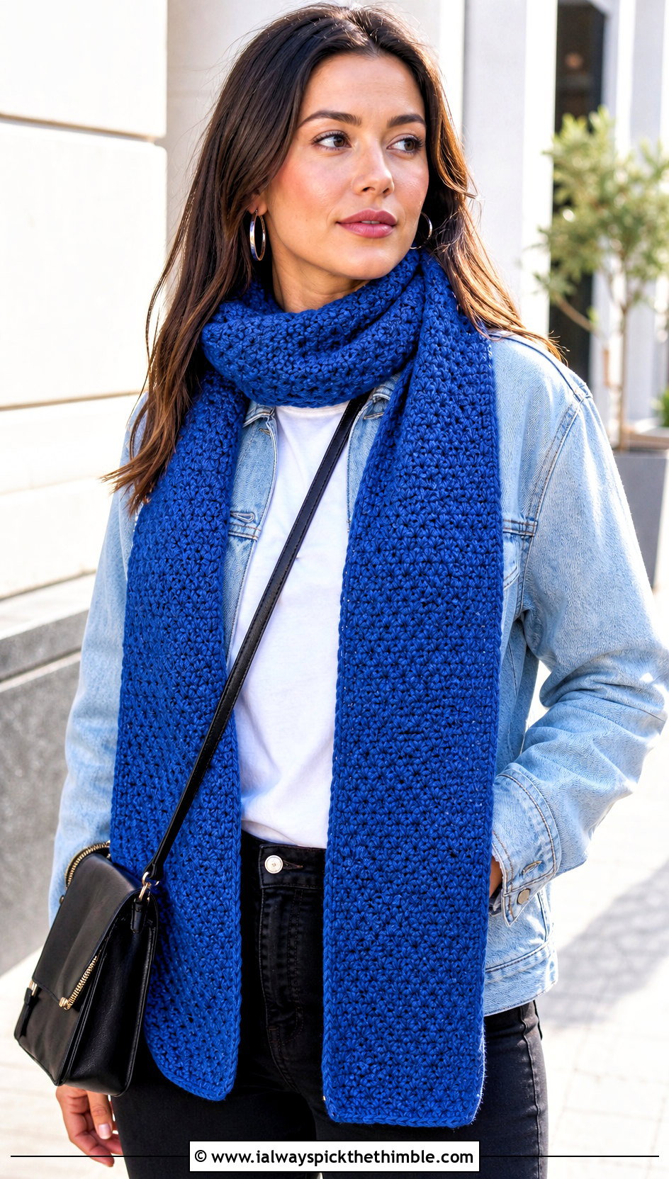 Classic Long Crochet Scarf With Denim Jacket - 25 beginner crochet scarf outfit ideas